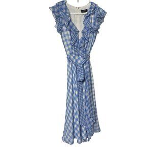 TAHARI ASL Gingham Wrap Dress Size 2 Blue V-Neck Ruffled Smock Details Tie Waist